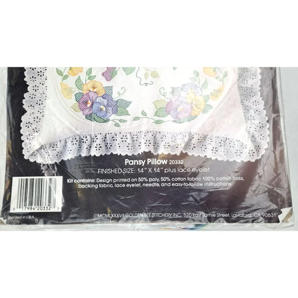 Vintage Stamped Cross Stitch Pillow Kit Pansy Golden Bee Lace 20332 Flower Craft